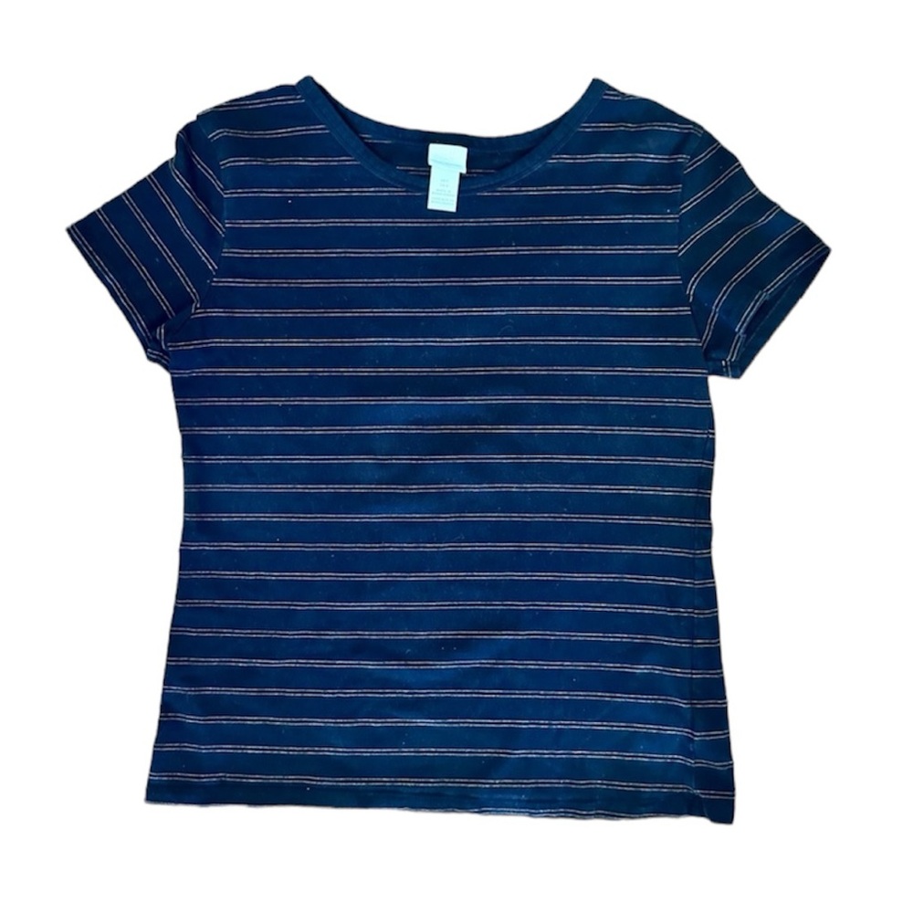 H&M Basics Black with Gold Stripes Pattern Design Short Sleeve T-Shirt Top